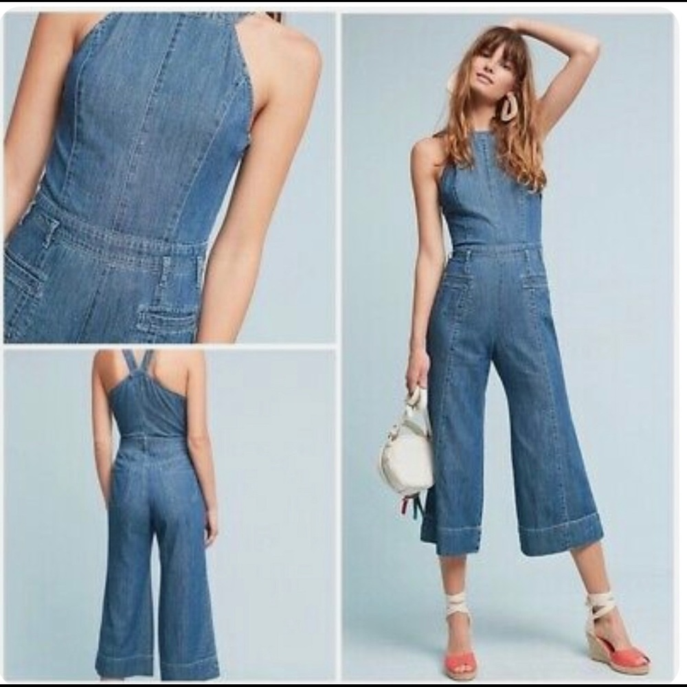 Anthropology Pilcro Femme Denim Jumpsuit crop halter wide leg. 2 New